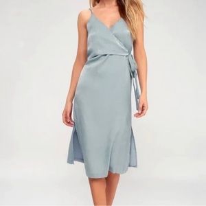 EVIDNT Los Angeles Mint Blue Satin Midi Wrap Dress Size Small